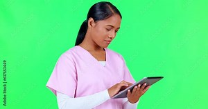 Healthcare, typing and woman with a tablet on a green screen as a doctor for a schedule or email. Contact, nursing and a female nurse with technology for communication isolated on a studio background