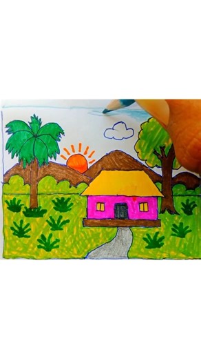 How to Draw Mountain Greenery with Hut 🏡 Easy Landscape Tutorial #drawing #art