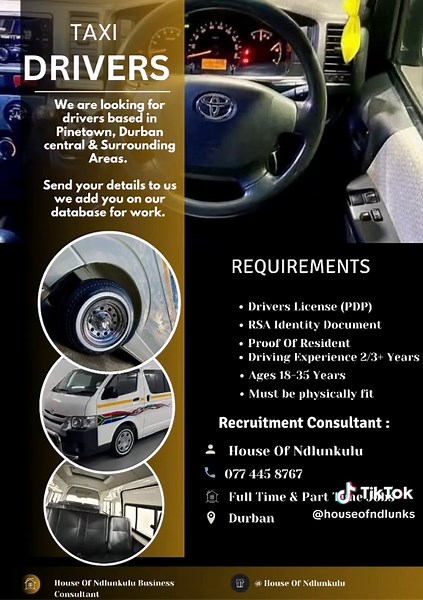 Send your details not your cv. To be added kwi database: Name, Surname, Age, Township, License, PDP. Whatsapp 077 445 8767 #taxidriver #taxi #houseofndlunkulu