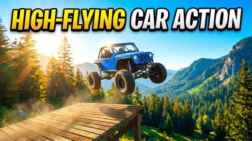 Epic car jumps on loop bridge against deep river