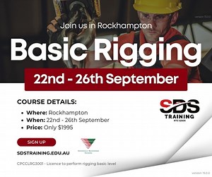 🚧 Rockhampton – Basic Rigging Training 🚧 Looking to level up your skills? Join us in Rockhampton, 22nd – 26th September for our Basic Rigging course – only $1195. Sign Up Online 🔗https://vas.to/3WkV 👉 Pre-requisite: Dogging Licence (Don’t have one yet? No worries – we can book you in for Dogging before you start Rigging!) Let's connect and schedule your training today: https://sdstraining.edu.au/contact/ 📍 Hands-on, industry-relevant training 📅 Limited seats available – secure your spot no