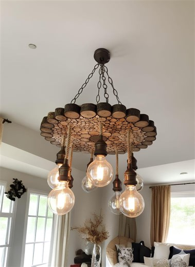 Rustic Wood Slice Chandelier, Farmhouse Rope Ceiling Light - Etsy