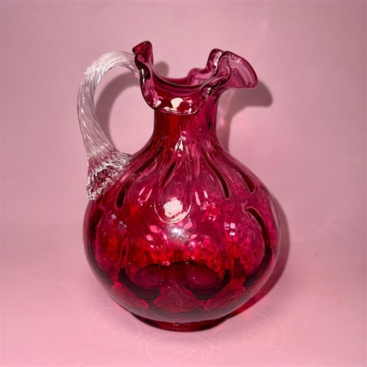 Vintage Fenton Cranberry Glass Pitcher | Ruffled Rim, Clear Handle - Etsy Canada