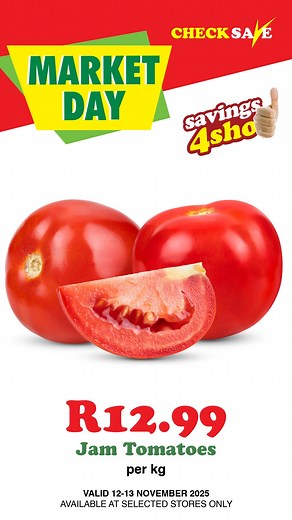 Your midweek market just got better! 🌽🍅 Visit Checksave this Market Day for fresh fruit, veggies, and pantry must-haves at prices you’ll love. Valid until 13 November | Checksave