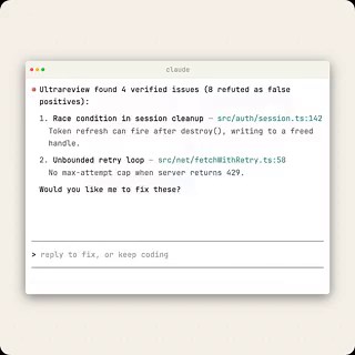 New in Claude Code: /ultrareview (research preview) runs a fleet of bug-hunting agents in the cloud.Findings land in the CLI or Desktop automatically. Run it before merging critical changes—auth, data migrations, etc. Pro and Max users get 3 free reviews through 5/5.