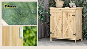 Outsunny Garden Storage Cabinet, Outdoor Tool Shed with Galvanized Top and Two Shelves for Yard Tools or Pool Accessories, Natural