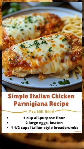 1.9K views | Simple Italian Chicken Parmigiana Recipe 4 boneless, skinless chicken breasts 1 cup all-purpose flour 2 large eggs, beaten 1 1/2 cups Italian-style breadcrumbs 1 1/2 cups shredded mozzarella cheese 1/4 cup grated Parmesan cheese ..... Full Recipe in Coʍmеոτ  | Tasty Recipes | Facebook