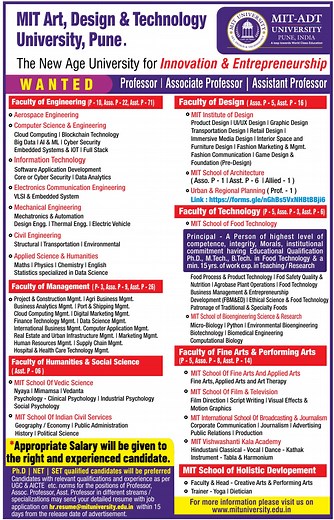 Faculty Recruitment at MIT Art, Design and Technology University, Pune | FacultyPlus