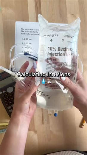 Calculating Infusions💦➗ 🔢 💧Formula: Total Volume (ml) ➗ Ordered hourly (ml/hr) = ____ hours 💧Always double-check your calculations to avoid errors 💧Know how to read military time 💧Ensure the units of measurement are consistent & convert if needed (ex: ml/hr) Who needs more practice? 🙋‍♀️ #IVfluids #nursingschoolclinicals #nurseinthemaking #BSN #LPN #nursingstudent #Fluids #alarispump