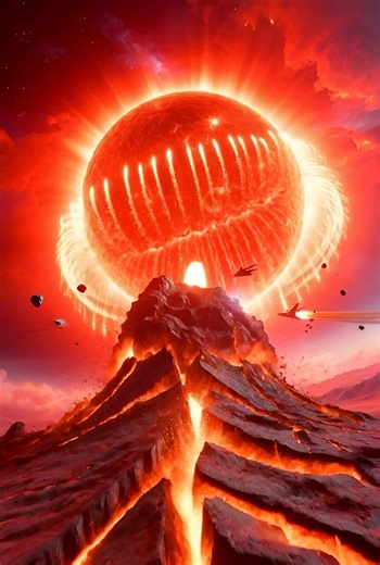 Prompt; Asteroid Pulled Toward a Dying Star Create a VR-ready 360° stereoscopic cinematic video of the asteroid drifting toward a collapsing star due to gravity distortion. Environment: • Expanding red giant star • Asteroid surface fracturing • Ships fleeing • Solar flares erupting • Crem glowing brighter Atmosphere: • Cosmic catastrophe • Extreme urgency • Stellar heat rising • Apocalyptic scale Camera Behavior: • First-person standing on unstable surface • Slow upward gaze at star • Slight vib