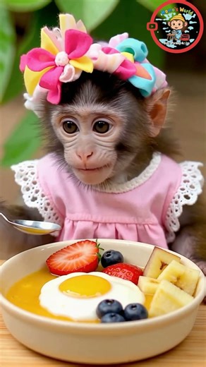 "Cute Baby Female Monkey Eating Custard and Fruits | Funny and Adorable Video 🐒🍓🍌"