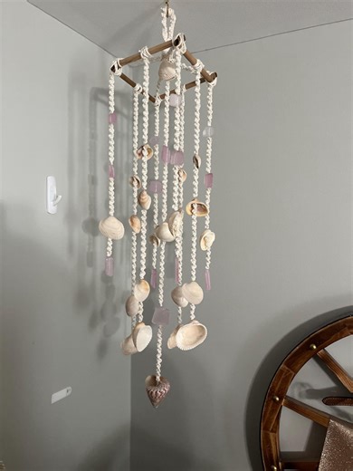 Handmade Coastal Seashell Wind Chime | Macrame Hanging With NC Seashells and Pink Seaglass - Etsy