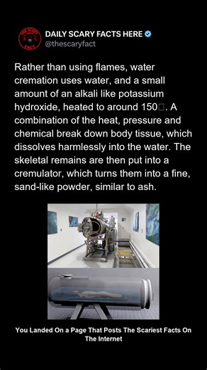 Thescaryfact ™ on Instagram: "Unlike traditional cremation by fire, water cremation — or alkaline hydrolysis — uses a mixture of water and alkali heated to around 150°C. The process dissolves soft tissue, leaving only the skeleton behind. The remaining bones are ground into a fine, sand-like powder, similar to ashes. Advocates call it an eco-friendly alternative to fire cremation — but its eerily clinical process has left many unsettled. 🔴 Follow @thescaryfact for more eerie facts about death,