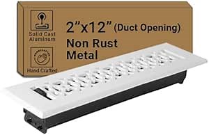 Achtek 2"x12" Duct (3-1/2"x13-3/4" Overall Size) Solid Cast Aluminum HVAC Air Supply Grill for Floor-White Without Screw Holes with Detachable Steel Louver | Powder Coated