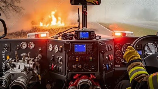 Male firefighter driving fire truck through thick fog towards distant fire emergency
