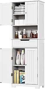 Bathroom Storage Cabinet Tall, 67 inch Linen Cabinet Freestanding, Kitchen Pantry with Drawer, 4 Doors, 2 Shelves, for Bathroom, Living Room, Modern White
