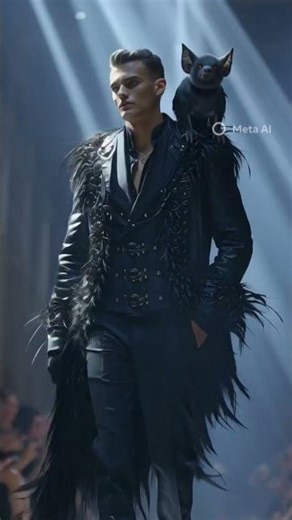 A male Model walking down the runway with his pet bat on his shoulder #metai