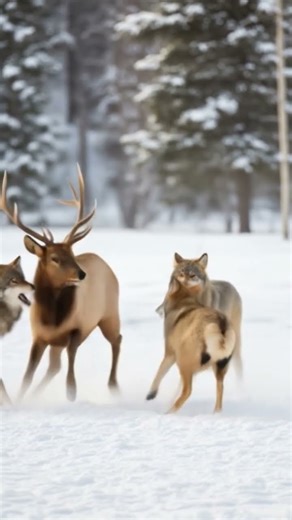 Wolf pack tackle elk — elk defends