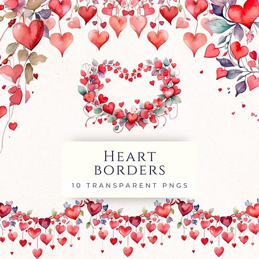 Heart Border Clipart, Watercolor Hearts PNG, Valentines Day Clip Art, Heart Png, Instant Download, Romantic Decoration - Etsy