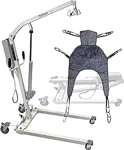 Electric Patient Lift - Rhino Lift with Manual Low Base - with Universal Divided Leg Sling with Headrest(Large), 450 lb. Weight Capacity.