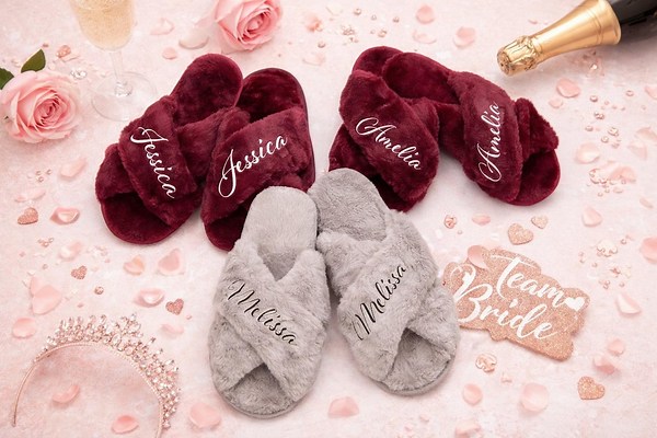 Custom Fluffy Slippers, Bridesmaid Gifts, Bachelorette Gift Fluffy Cross Slippers, Party Matching Slippers Alf   Bold, Made to Order - Etsy
