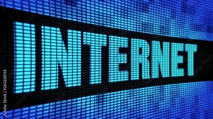 Internet Side Text Scrolling on Light Blue Digital LED Display Board Pixel Light Screen Looped Animation 4K Background. Sign Board , Blinking Light, Pixel Monitor . LED Wall Pannel