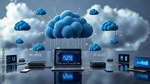 Cloud connection video: linking computer systems to cloud storage, showcasing server integration, online access, interconnected devices like tablets, phones, home appliances in a modern data center.