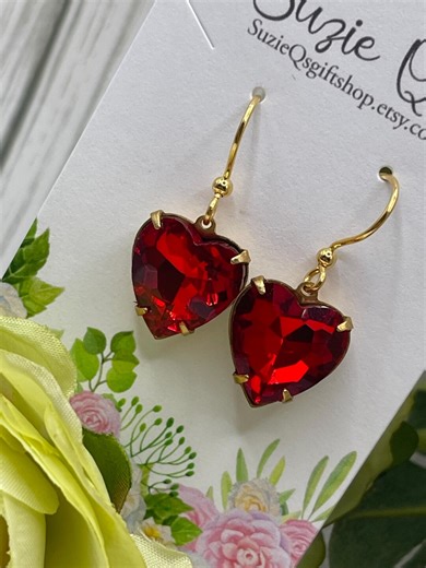 Large Ruby Red Crystal Heart Rhinestone Earrings, Valentine’s Heart Dangle Earrings - Etsy