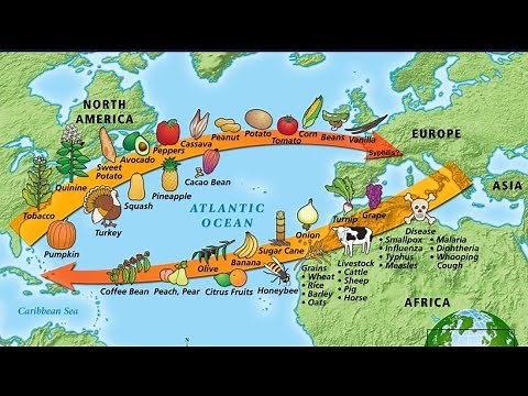 Columbian Exchange of human populations, plants, animals, culture, technology, diseases & religion