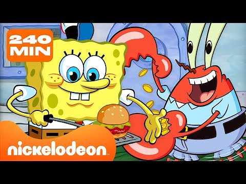 SpongeBob bekerja di Krusty Krab selama 4 JAM nonstop 🍔 | Nickelodeon Bahasa