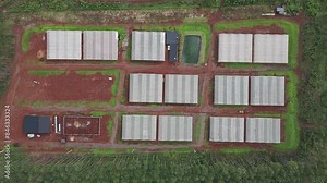 An aerial view of a large-scale horticultural production facility in Misiones, Argentina, featuring rows of greenhouses and a water reservoir.