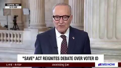 🚨: MS NOW just stunned Chuck Schumer by admitting 71% of *Democrats* want to pass nationwide voter ID"71% of Democrats support this. Why do YOU not?"CHUCK SCHUMER: "...it's Jim Crow 2.0! The same thing they did in the south against people of color!""You will NOT get SINGLE Democrat in the Senate, Republicans!"BRUTAL. He just got embarrassed and spewed BS.PASS THE SAVE AMERICA ACT. Nuke the filibuster.Do you firmly support this?A. Huge YesB. NoIF Yes, Give me a THUMBS-UP👍!!