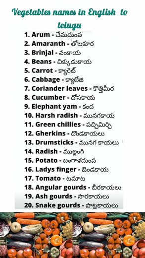 🤩🤩 Vegetables names english to telugu, Spoken English, speaking English words@Subscribe,like & share