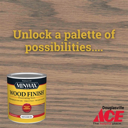 Transform your wood projects with Minwax Wood Finish! This penetrating oil-based wood stain enriches the natural wood grain, creating a stunning and rich color. Perfect for staining furniture, cabinets, doors, and hardwood floors. Easy to apply and absorbs deeply into the wood for a flawless finish. #WoodStain #DIYProjects | Douglasville Ace Hardware