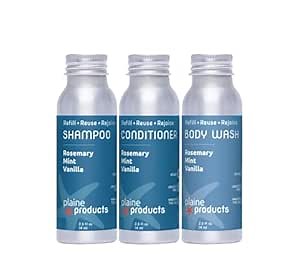 Travel Size Shampoo, Conditioner and Body Wash - Rosemary, Mint, Vanilla - Sulfate Free, Refillable Bottle, 2.5 oz