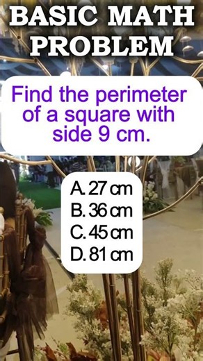 Find the perimeter of a square with side 9 cm.A. 27 cmB. 36 cmC. 45 cmD. 81 cm#math #fyp #dailyquiz