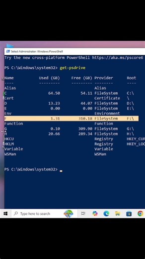 Jagannath Mondal on Instagram: "See All Drives in Windows One PowerShell command = all drives visible 😲 Use Get-PSDrive to instantly check disk drives, registry & system paths. 📌 Command: Get-PSDrive 💡 Useful for IT support & power users ⚡ Faster than Disk Management 💻 Works on Windows PowerShell Follow for daily Windows & PowerShell tricks 🚀 #computertips #techreels #reels #instareels #shorts"