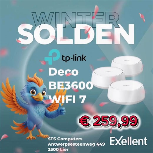 Zelfs Felix de Feniks krijgt het warm van onze Deco BE3600 WiFi 7 Mesh! 🔥📶 Met z’n duim omhoog 👍 en geef ‘m eens ongelijk… Deze snelheid? Deze bandbreedte? Da’s puur magie. ✨🔮 Maar… wil je zelf ook vlammen online? ⚡️🚅 Wees sneller dan een Feniks 🦅 in volle vlucht, want hij staat nu aan maar €259,99! 🏃‍♂️💨 Op = op! 🔥 STS Computers – WiFi die herboren wordt. #wintersolden2026 #STSComputers #felixdefeniks #shoppeninlier #WiFi7 #Exellent #TPLink #lieverlokaal #lierlokaal | STS Computers