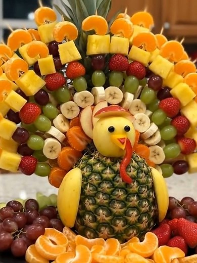 69K views · 377 reactions |  Tropical Fruit Skewer Turkey Centerpiece 旅 #FruitTurkey #ThanksgivingCenterpiece #EdibleArrangement #FruitSkewers | Recipes By Amelia | Facebook