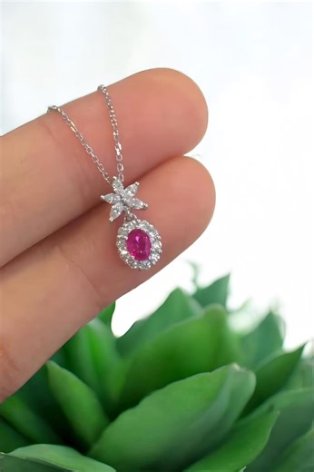 Elegant Ruby Drop Necklace, Diamond Flower Charm Pendant, Bridal Jewelry Gift - Etsy