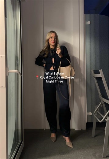 Bows on bows on bows! 🎀 Bow earrings. Bow tie-front sweater. Bow on the back of heels! Also, my new favorite combo is silk bottoms with a sweater on top 👌🏻 Style Notes: — If you’re afraid to go braless for this type of look, order yourself a strapless sticky bra! Message me and I’ll send you the link to my favorite one. Bow earrings: @Good Crowd Bow tie-front sweater: @ciderusa Silk pull on pants: @LOFT Bow back heels: @Old Navy Bag: @Anne Klein #cruisetok #cruiseoutfits #vacationoutfits #swe