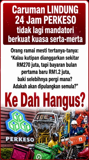 Patah balik! PERKESO Lindung 24 Jam tak wajib lagi… tapi duit yang dah potong tu macam mana yer? Orang ramai mesti tertanya-tanya: “Eh, bukan kerajaan dah umum skim ni tak lagi mandatory ke?” “Kalau macam tu, duit yang dah dikutip sebelum ni macam mana pula?” Sebab kalau ikut anggaran yang orang ramai tengah bincangkan, kutipan tambahan boleh cecah sekitar RM270 juta. Tapi dalam masa yang sama, faedah yang dibayar untuk bulan pertama dilaporkan cuma sekitar RM1.2 juta je. Jadi rakyat pun mestila