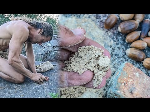 Primitive Kitchen: Grinding Acorns in Native Mortar Hole