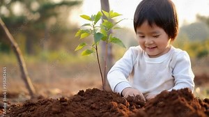 An asian cheerful child carefully plants a young tree sapling, their face glowing with happiness.
