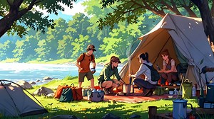 group of people camping by the river, enjoying a campfire near the tent, in a calm natural setting