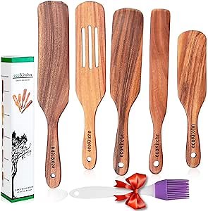 Spurtles Wooden Kitchen Tools - Acacia Wood Spurtle Set of 5, Peanut Butter Stirrer, Cooking Spoons, Silicone Brush Included
