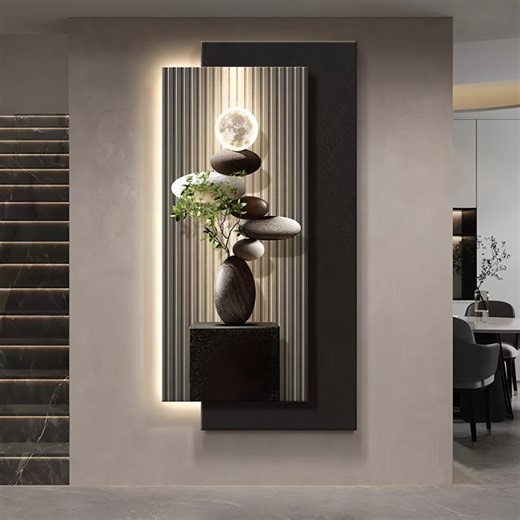 Modern Wall Art Installation Living Room Corridor Background Wall Stacked Stones and Moonlight Emitting Lamp