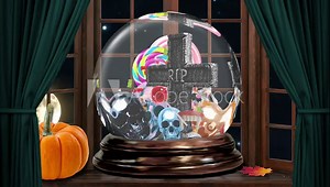Halloween 3d animation glass ball with sculls and candys halloween pumpkin moon night