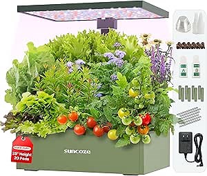 SUNCOZE Hydroponics Growing System Kit, 20 Pods Indoor Herb Garden with Led Grow Light and 10L Water Tank, Adjustable Height Plants Germination Kit with Pump System, Green