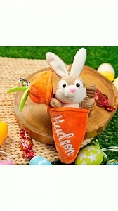 Surprise your little one with a personalized, cute bunny hiding in a zip-up carrot plush toy. Perfect as an Easter basket stuffer for a party gift for kids! | Callie Gifts